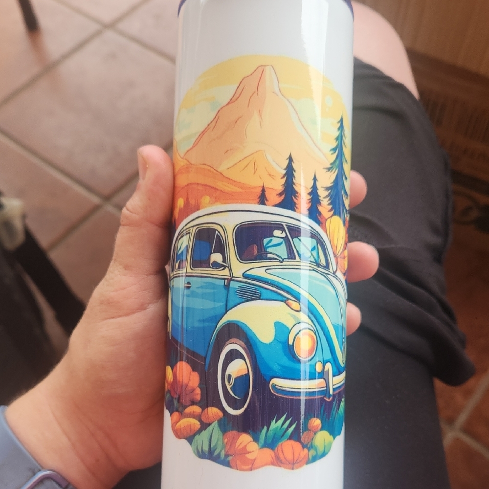 Vintage Car Themed White and Blue Tumbler